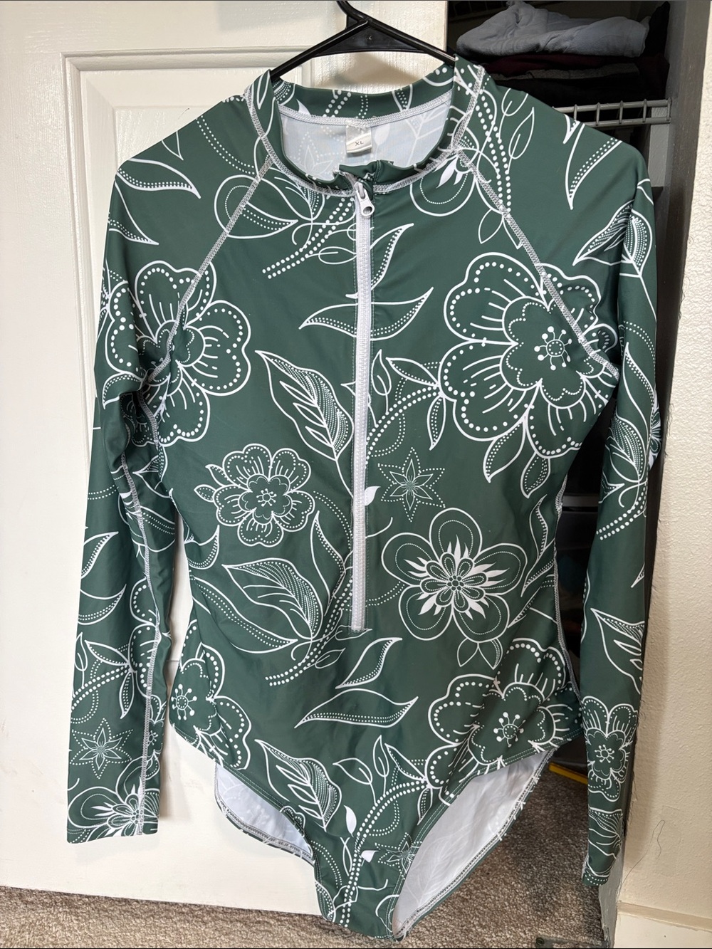 Green Floral Long-Sleeve Zip Front Swimsuit